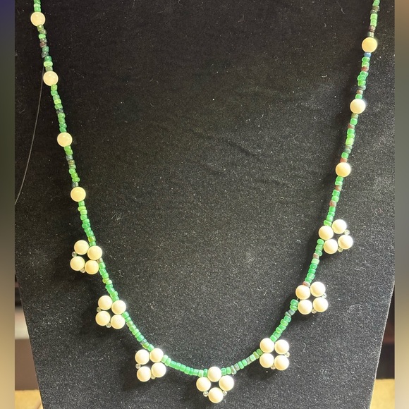 Handmade Beaded Necklace ivory jasper and green earth tone seed beads 22 inches - Picture 2 of 5